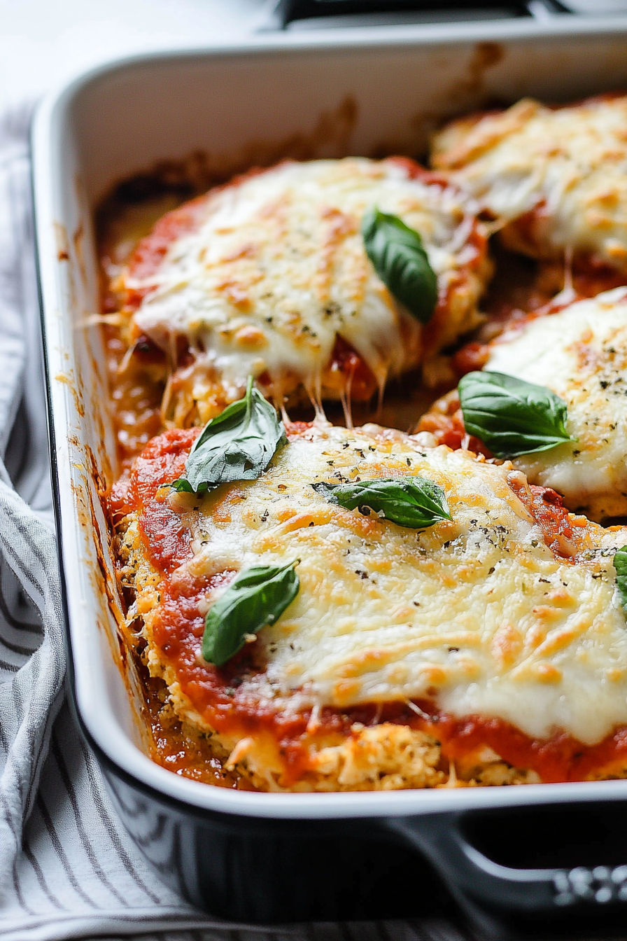 Slicing into cheesy Baked Chicken Parmesan