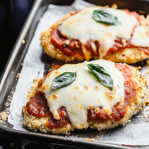 Crispy breaded chicken topped with melted cheese