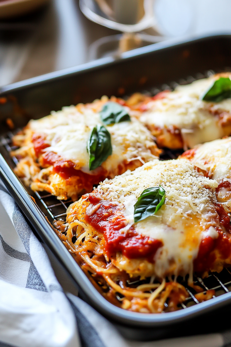 Final dish plated with Baked Chicken Parmesan