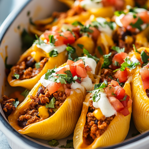 Plated taco stuffed shells with toppings