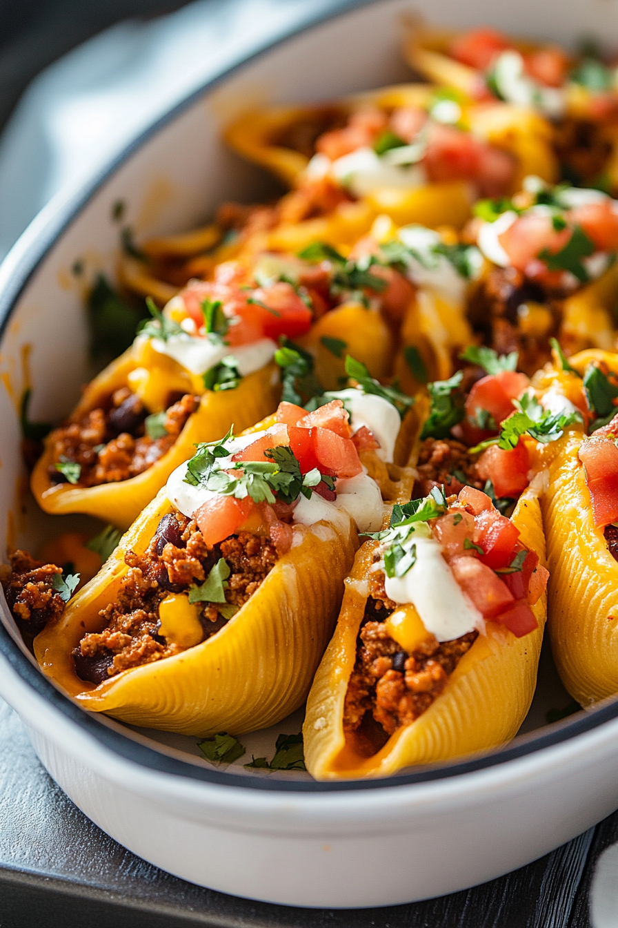 Plated taco stuffed shells with toppings