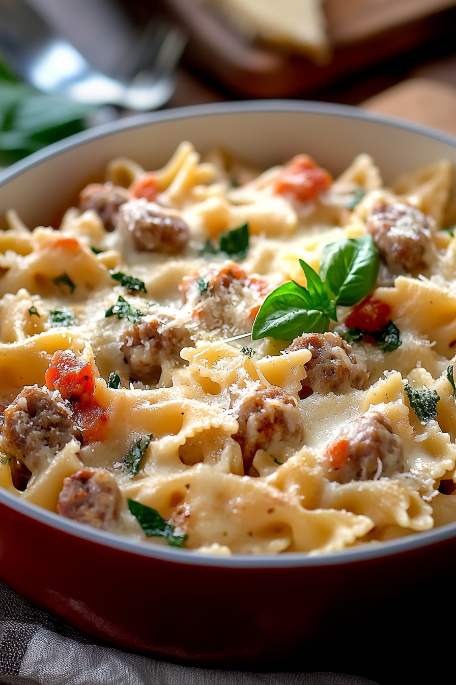 Pasta tossed with sausage and spinach