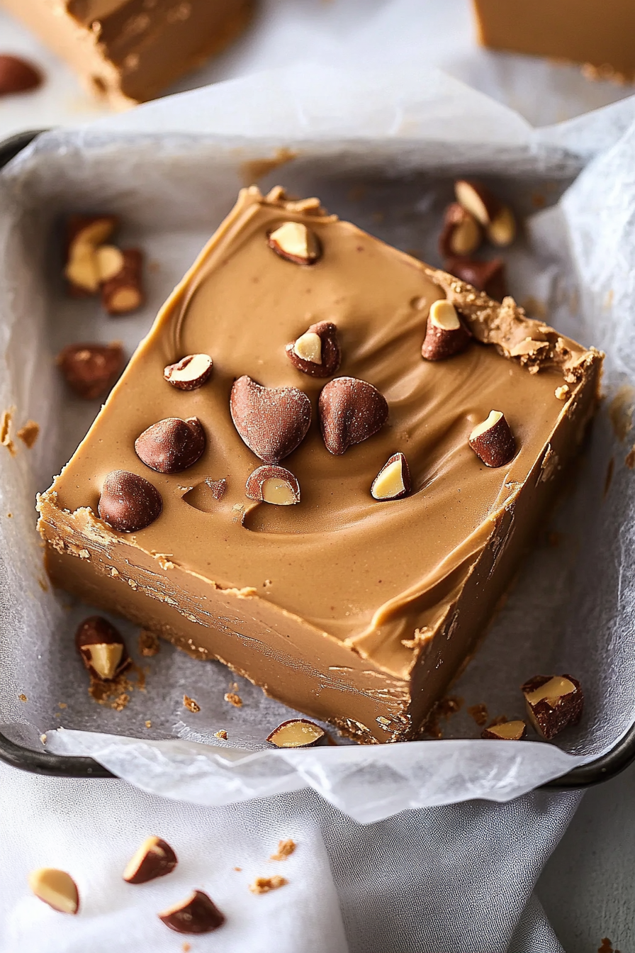 Penuche fudge with a smooth caramel texture.