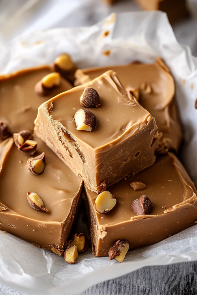 Penuche fudge with a smooth caramel texture.