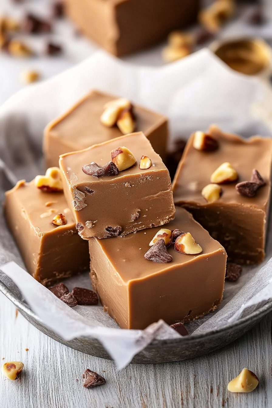 Creamy caramel fudge squares on a plate.