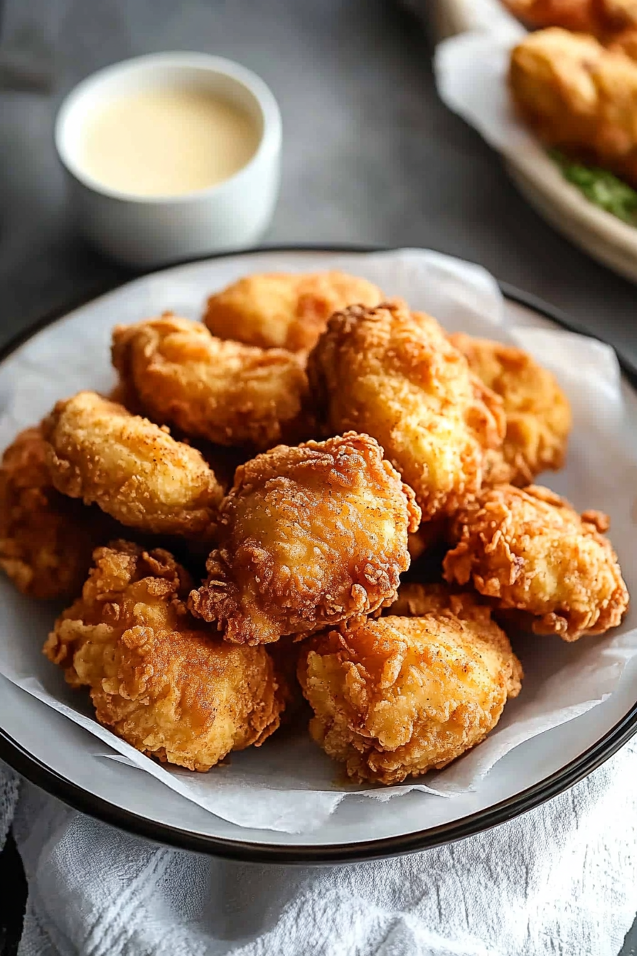 Golden-fried chicken pieces on a plate