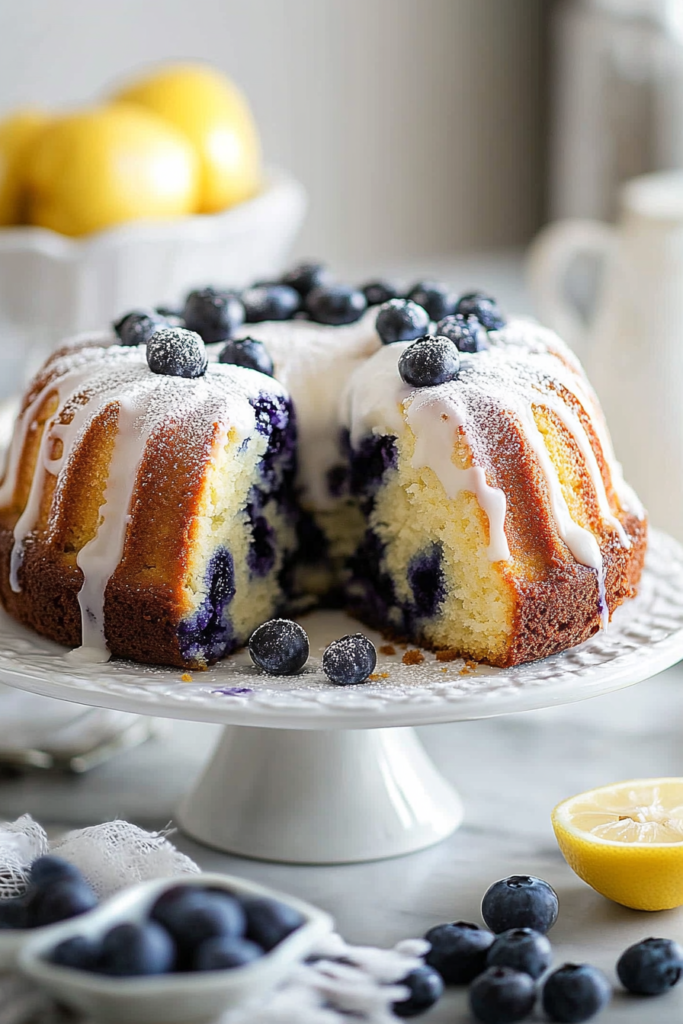 Finished pound cake drizzled with lemon glaze