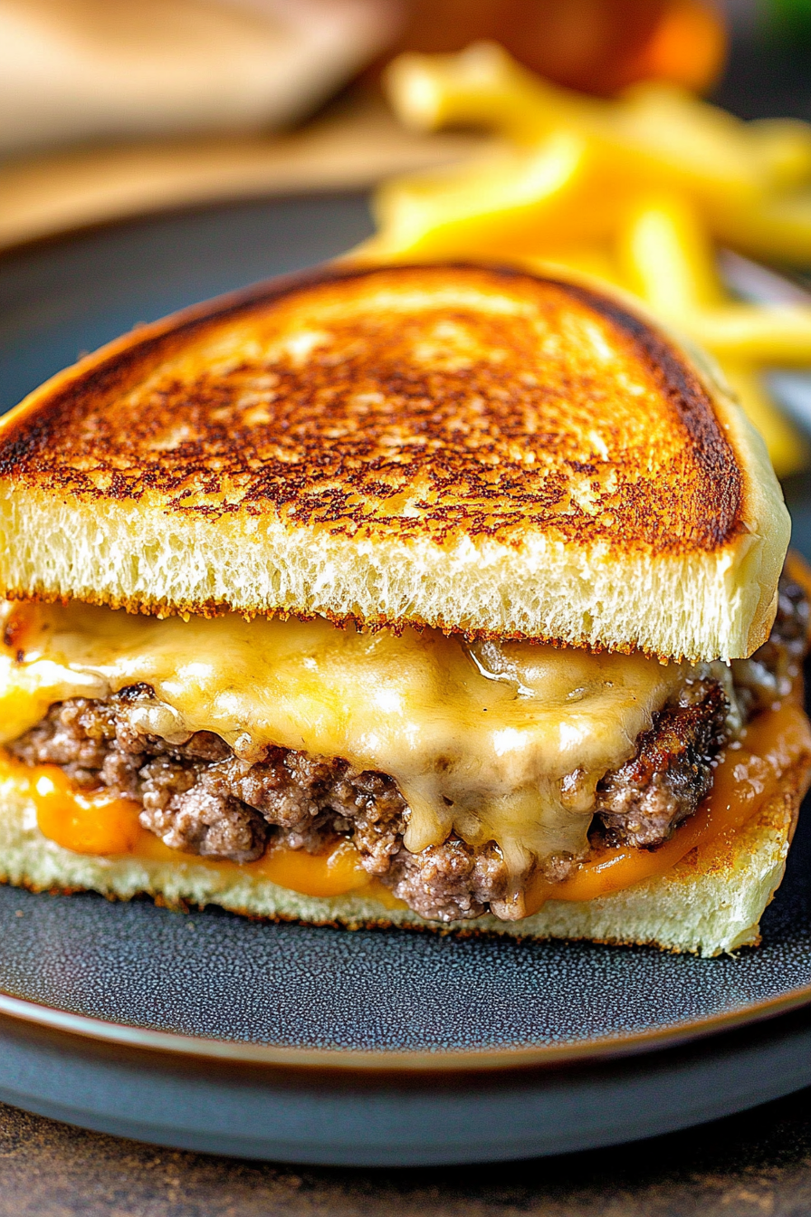 Rye bread layered with cheese and patty