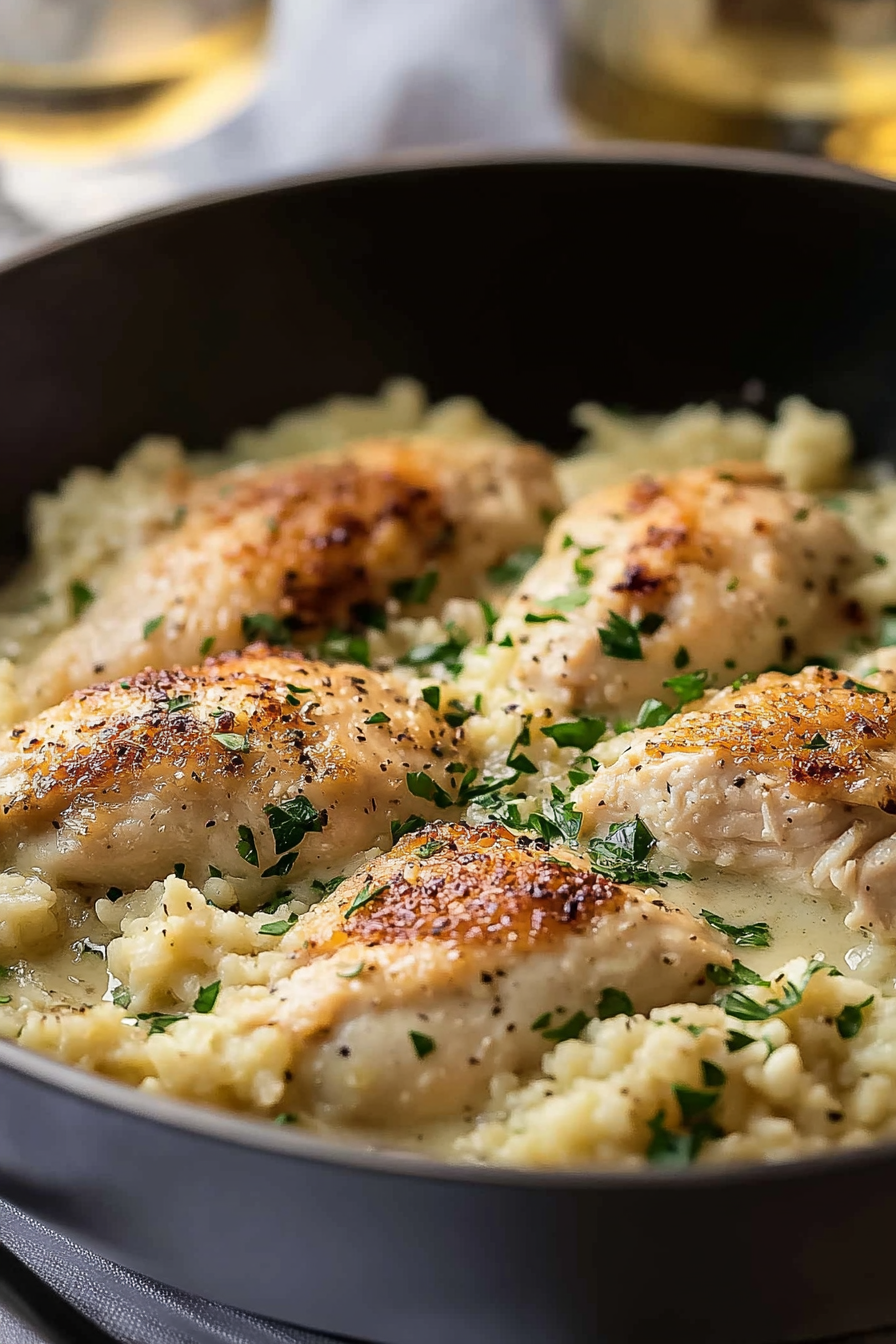 Final dish "Cheesy Chicken Rice" garnished with parsley