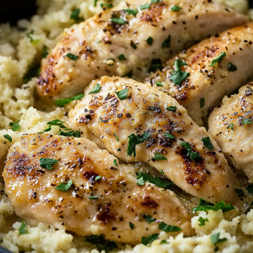 Cubed Creamy Garlic Chicken sizzling in butter