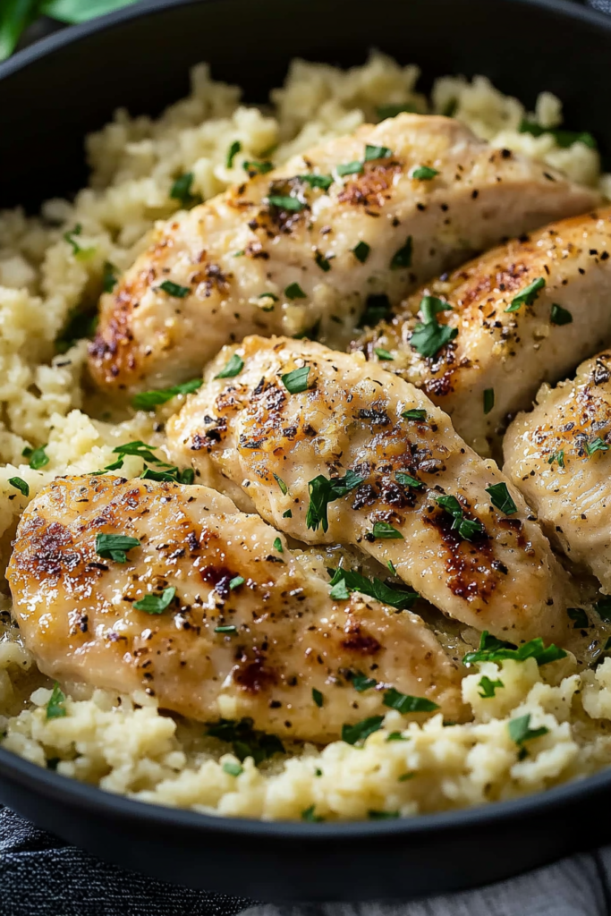 Cubed Creamy Garlic Chicken sizzling in butter