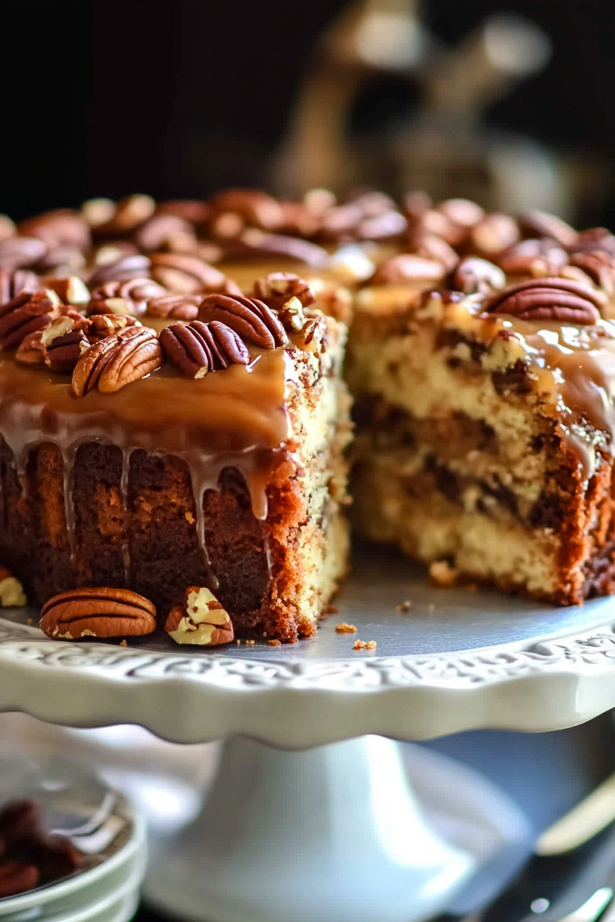 Slice of upside-down pecan cake