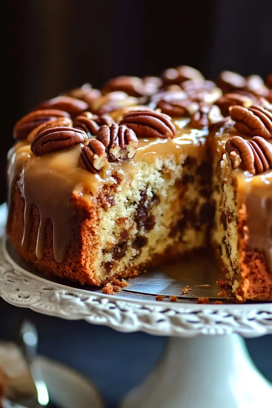 Flipped Georgia Pecan Cake on a plate