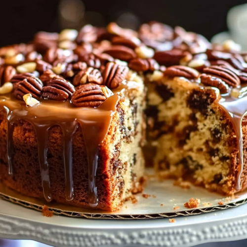 Batter poured over pecan layer