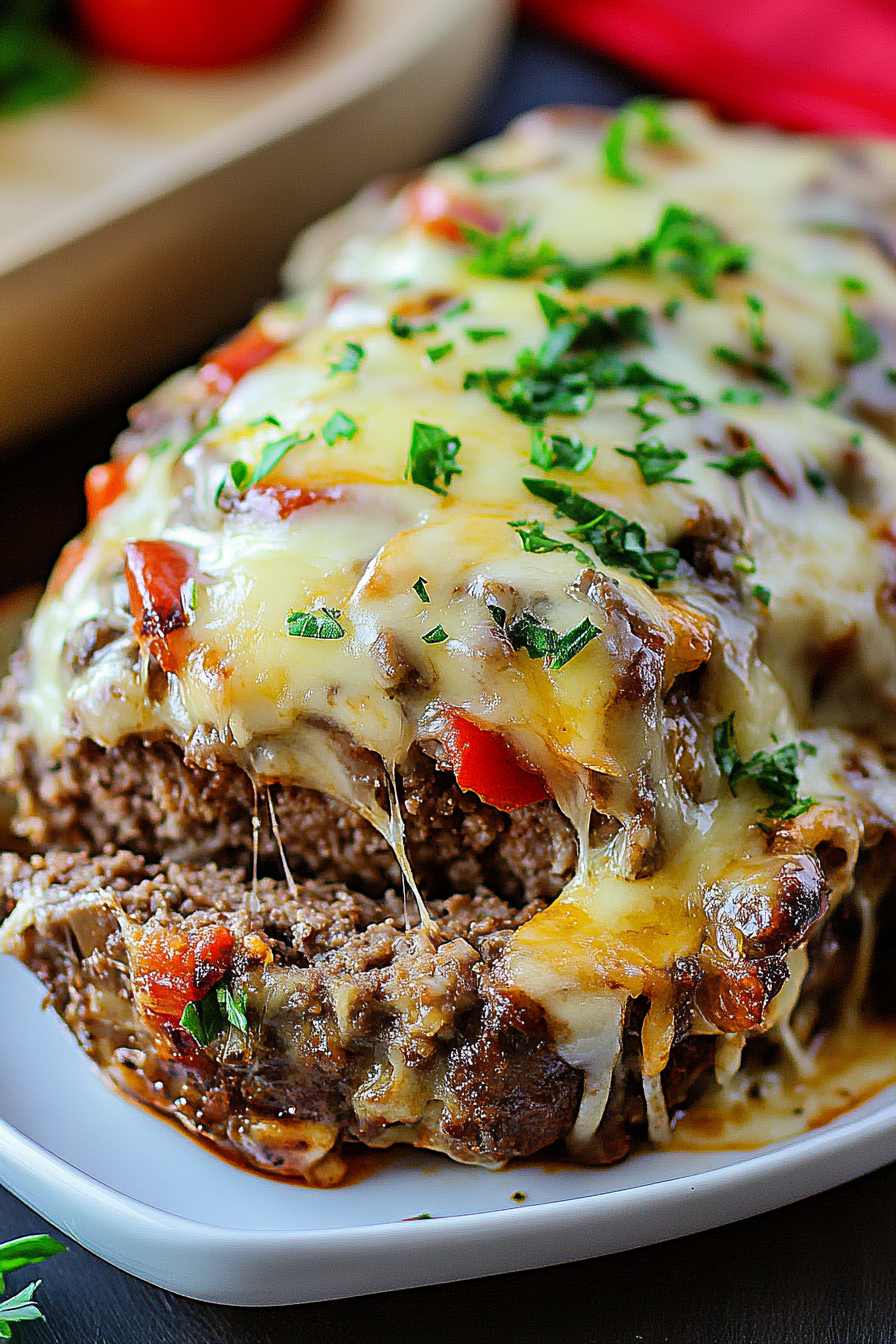 Slices of cheese layered on meatloaf