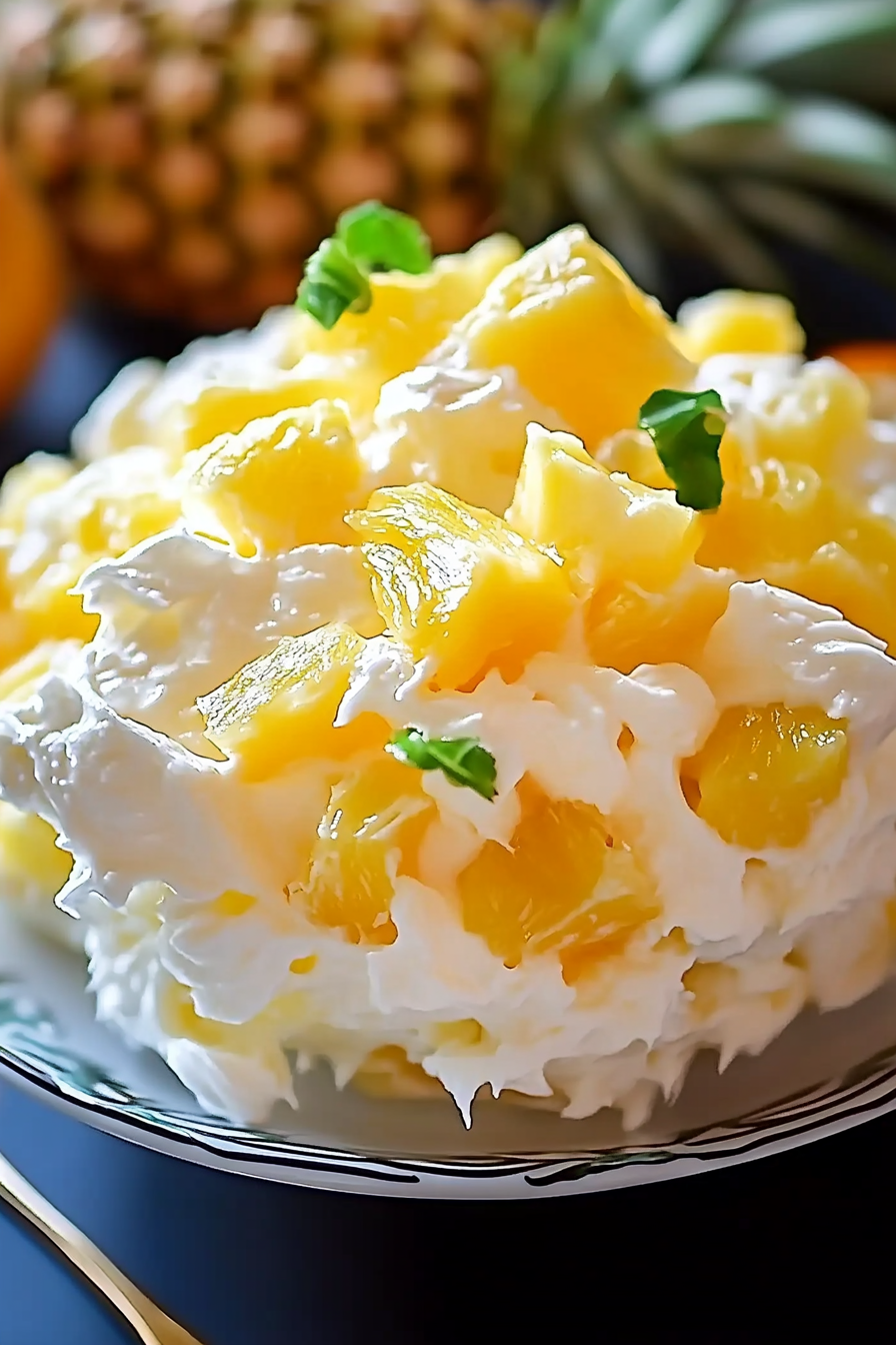Completed dessert "Heavenly Pineapple Fluff" with marshmallows on top