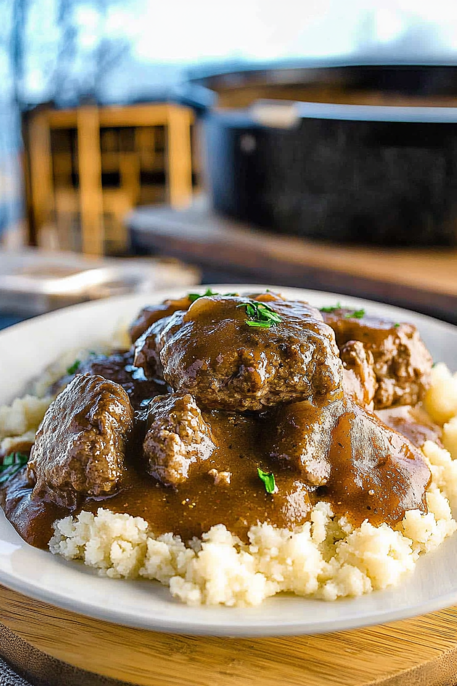 Pouring sauce over patties in slow cooker