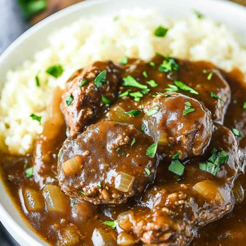 Finished Salisbury steaks in thick gravy