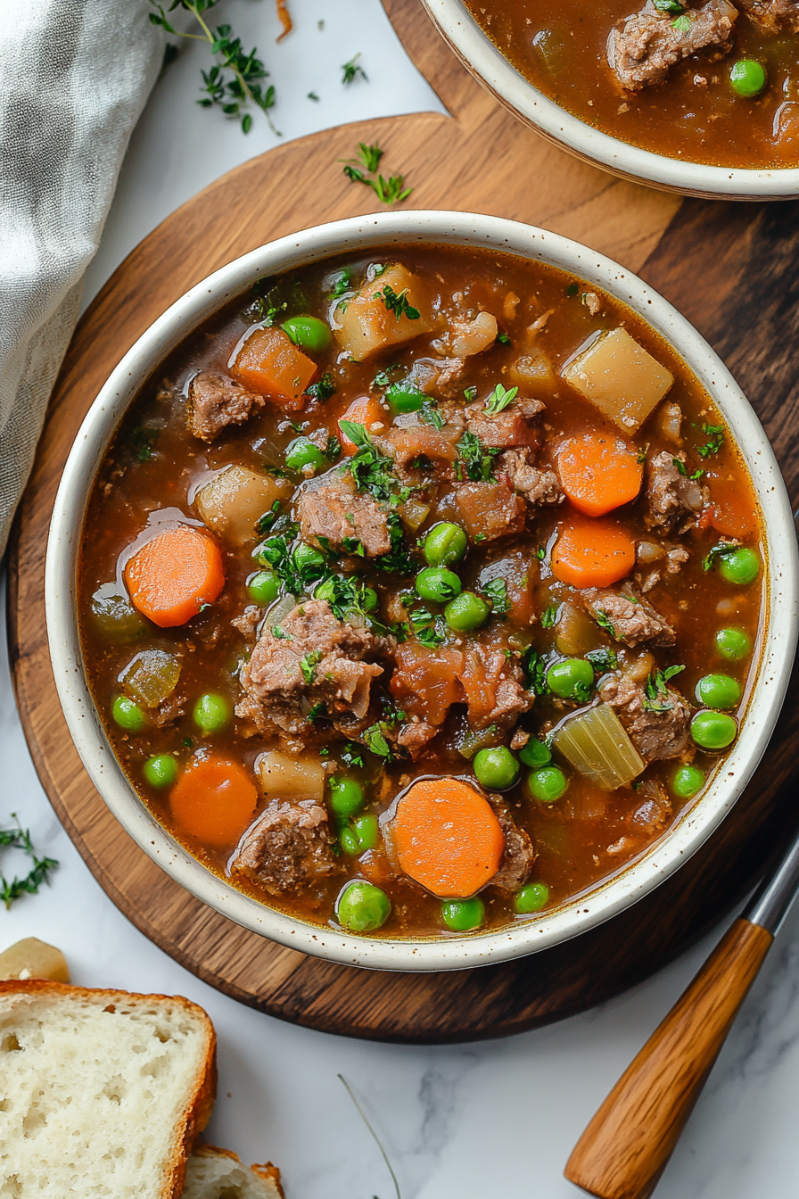 Ladle pouring stew into bowl
