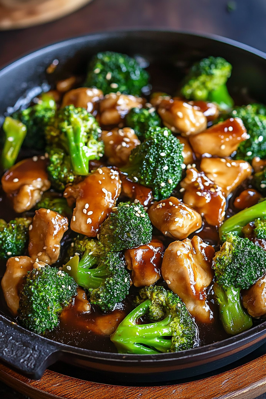 Mixed stir-fry sauce in a small bowl "Sizzling Chicken Broccoli "