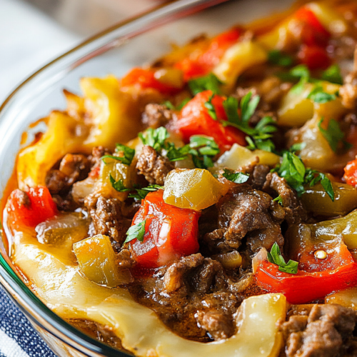 Casserole dish with layered potatoes and beef