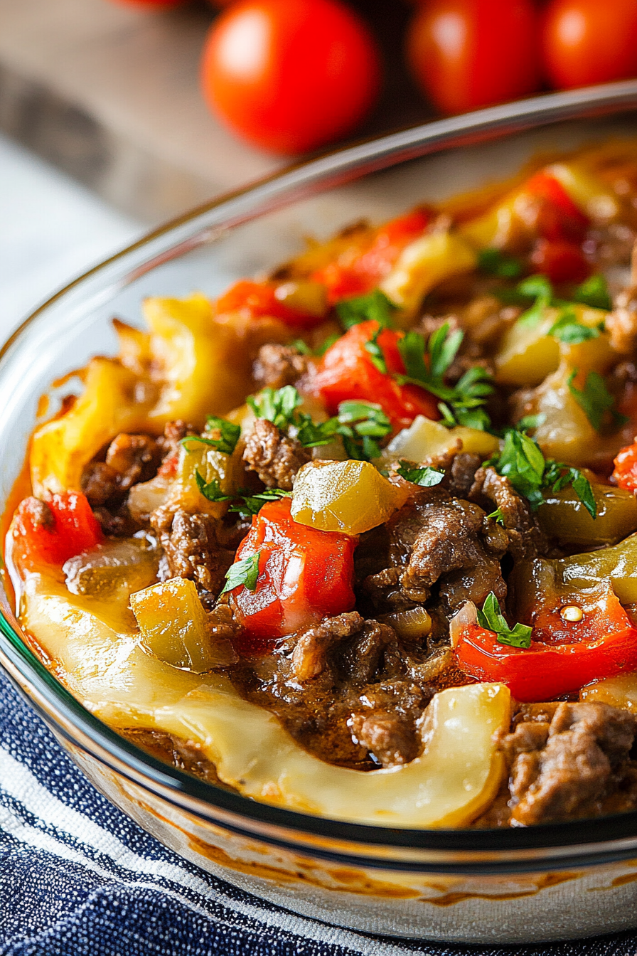 Casserole dish with layered potatoes and beef