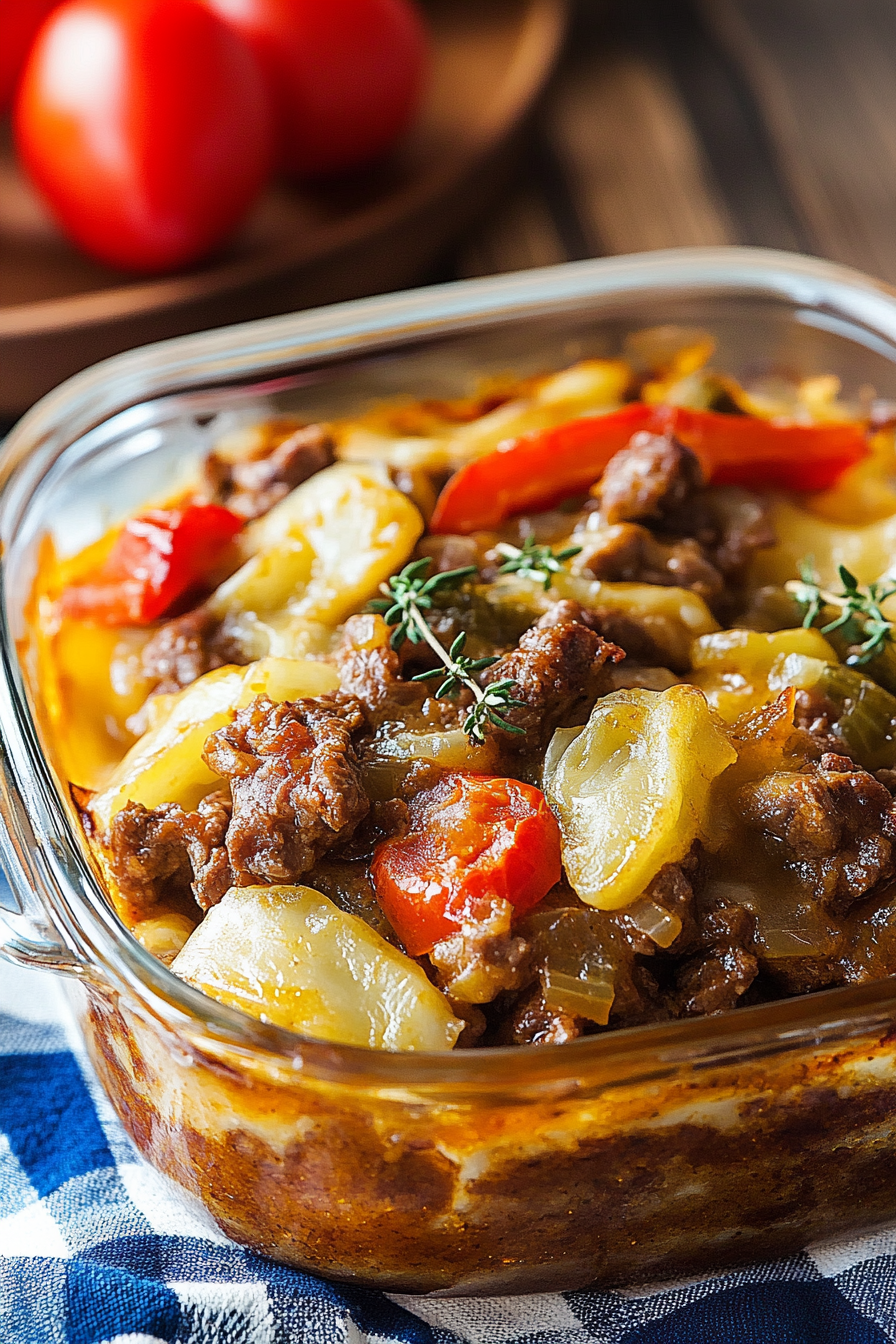 Finished casserole with golden-topped potatoes