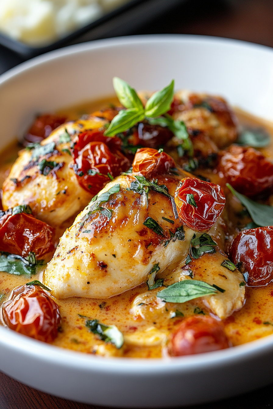 Tangy Tomato Chicken garnished with basil