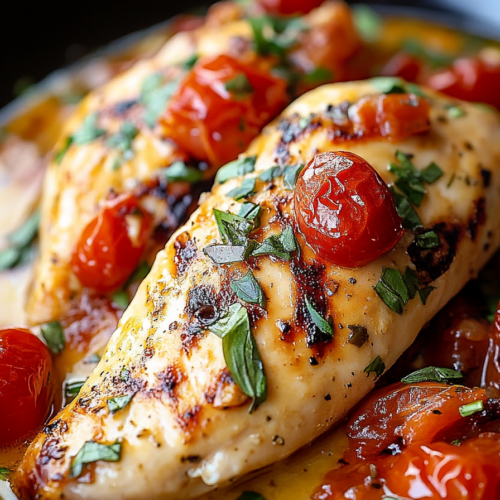 Tangy Tomato Chicken searing in skillet