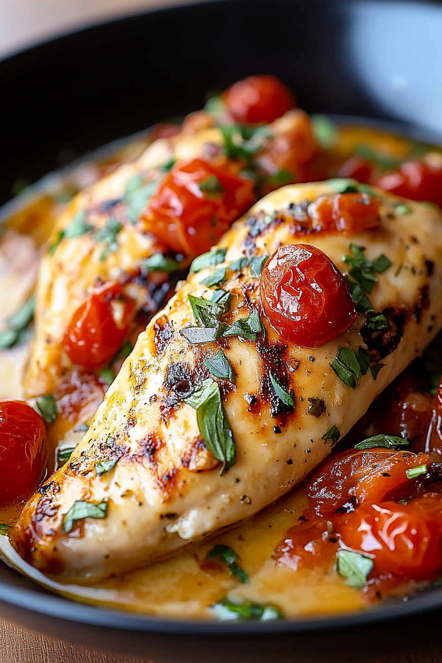 Tangy Tomato Chicken searing in skillet